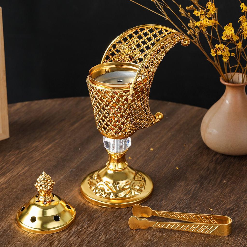 Golden Iron Hollow Moon Incense Burner, Middle Eastern Indoor Incense Burner, Arabic Desktop Decorative Incense Burner