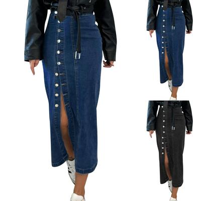 Dámska gombíková asymetrická rozparková sukňa z denimu s vysokým pásom, sexy slim strih na boky