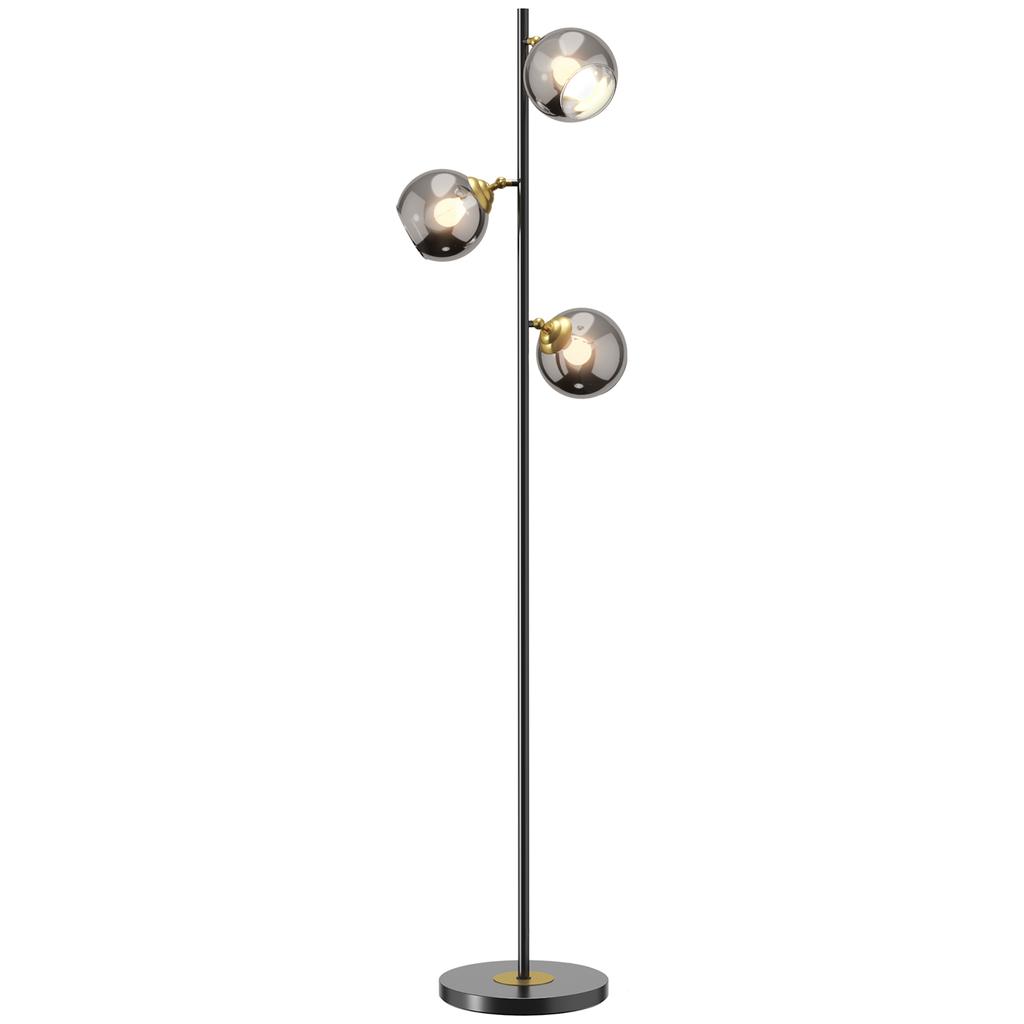 Metal Tree Floor Lamp with Three Glass Shades. 36x162cm. Black and Gray