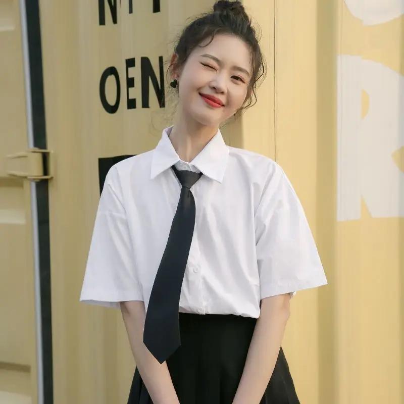 Ladies' White Short Sleeved Shirts Women's Summer Single Breasted Blouses with Tie Versatile College Style Girls' Chic Bottom