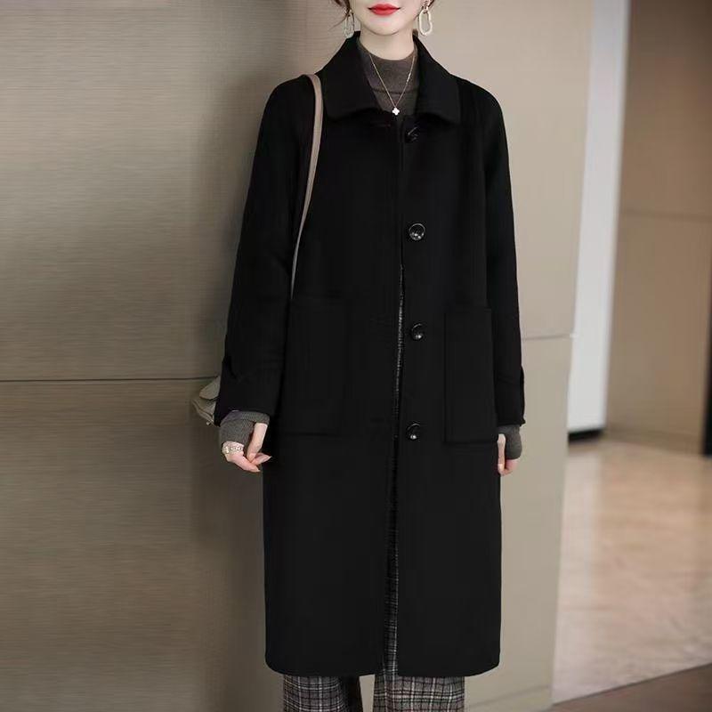 Cappotto di Lana Stile Hepburn Coreano - Grigio, Lunghezza Media, Vestibilità Slim, Soprabito Largo per Autunno/Inverno.