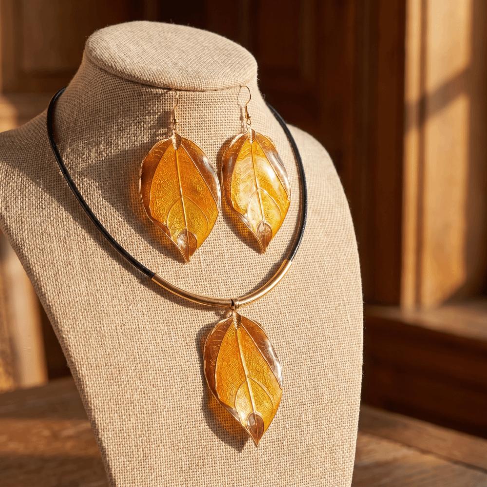 Exaggerated Design Enamel Necklace Earings Leaves Shaped Jewelry set  Casual Wear