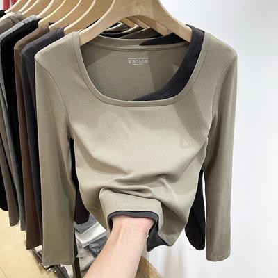 Niche Western Contrasting Color Fake Two-piece Square Neck Long-sleeved Bottoming Shirt T-shirt for Women European Slim Short Autumn and Winter Top