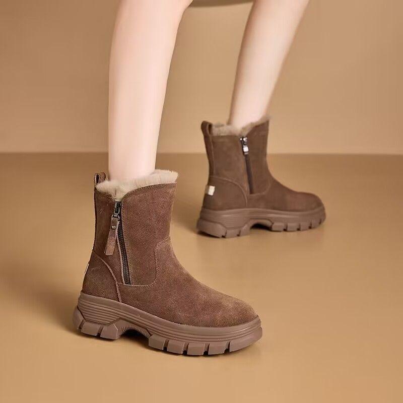 Leather snow boots women's new winter warm cotton boots Martin casual thickened velvet short boots non-slip cotton shoes