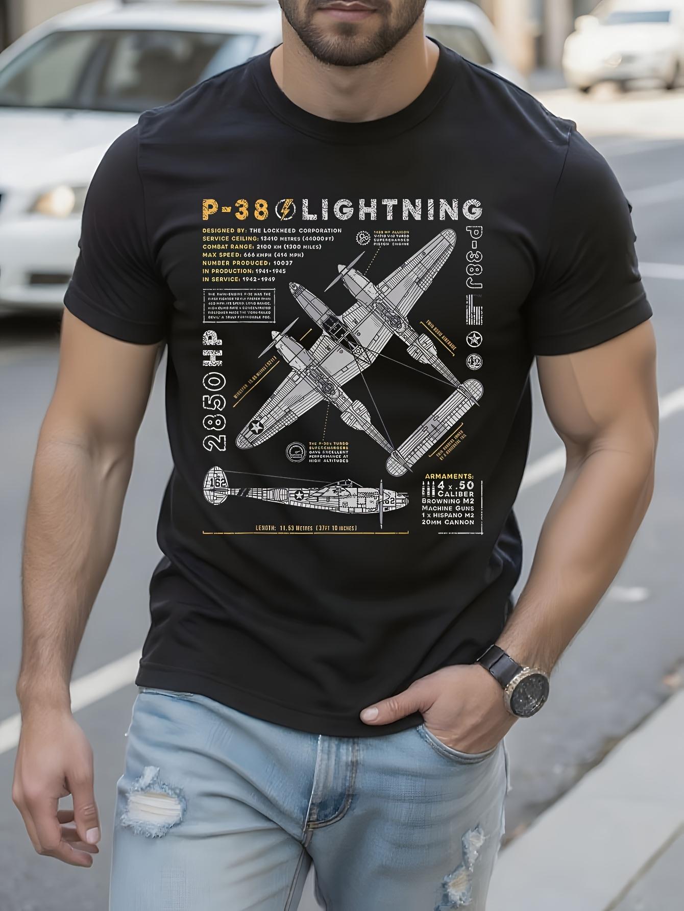 Vintage P-38 Lightning & Spitfire Fighter Jets Graphic - Retro Aviation Tee with Technical Specs T-shirt XL