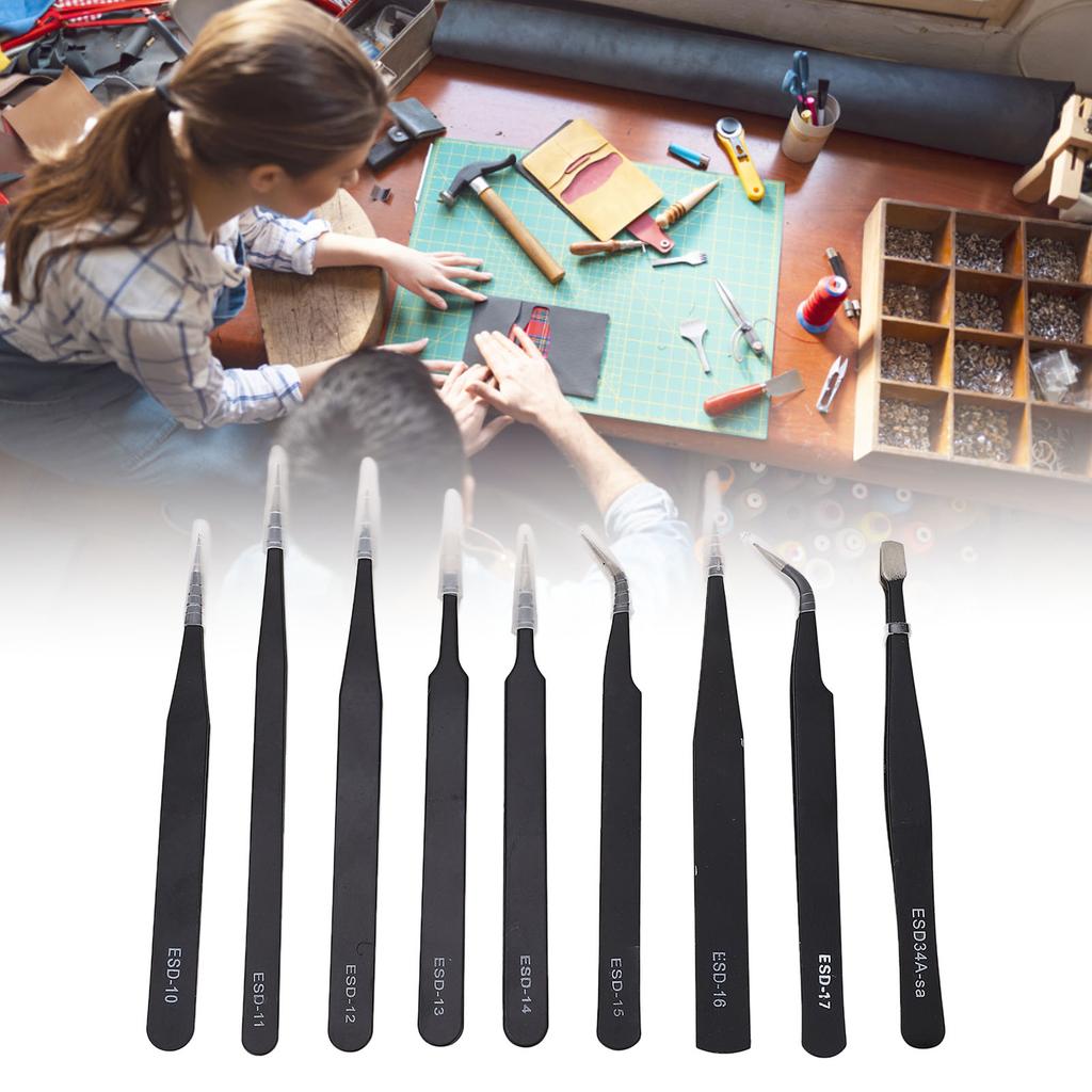 9PCS Antistatic Tweezers Assortment Stainless Steel Multifunctional Tweezers Set for Electronic Repair