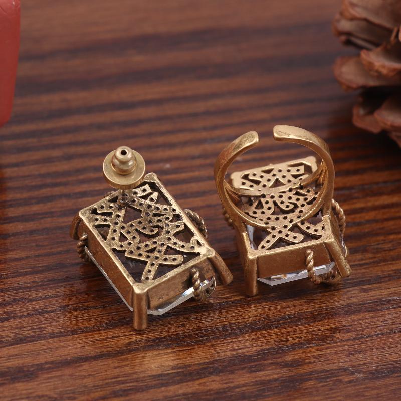 Luxury Designer Transparent Crystal Earrings Stud Ring Square Winding Gold Color Vintage Jewelry High Quality Accessories