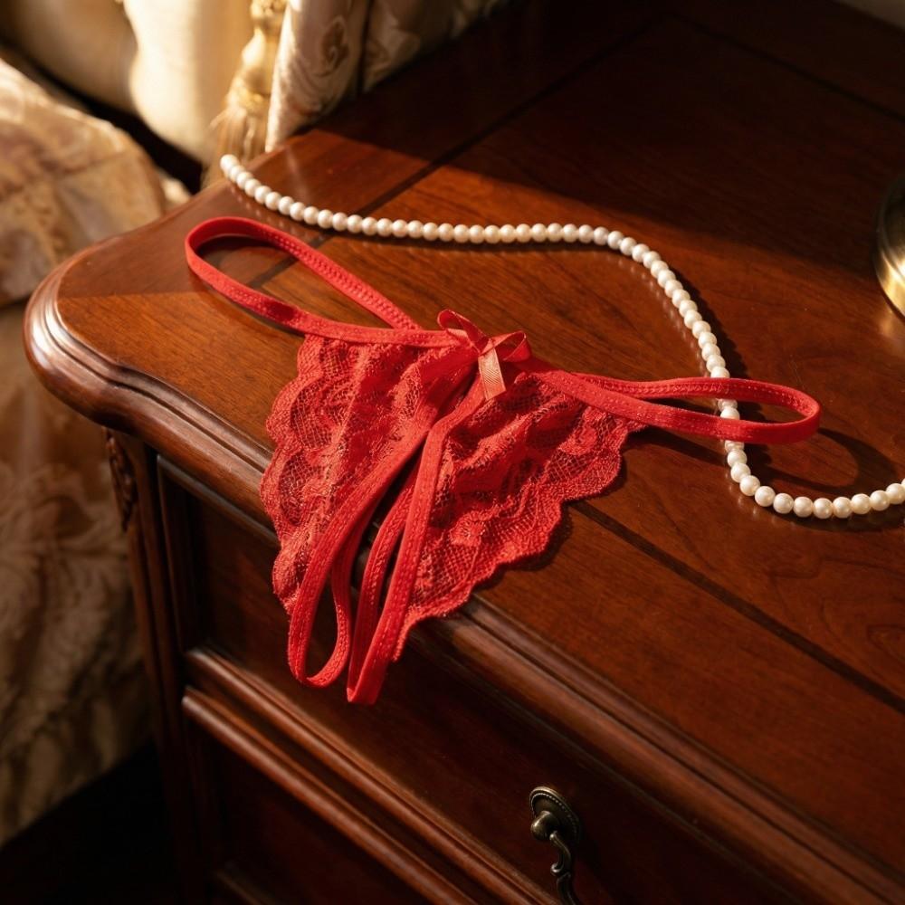 Open Crotch Bow Mesh Lace Panties Hollow Thin Belt Thong Underwear for Women Valentine's Day Gift