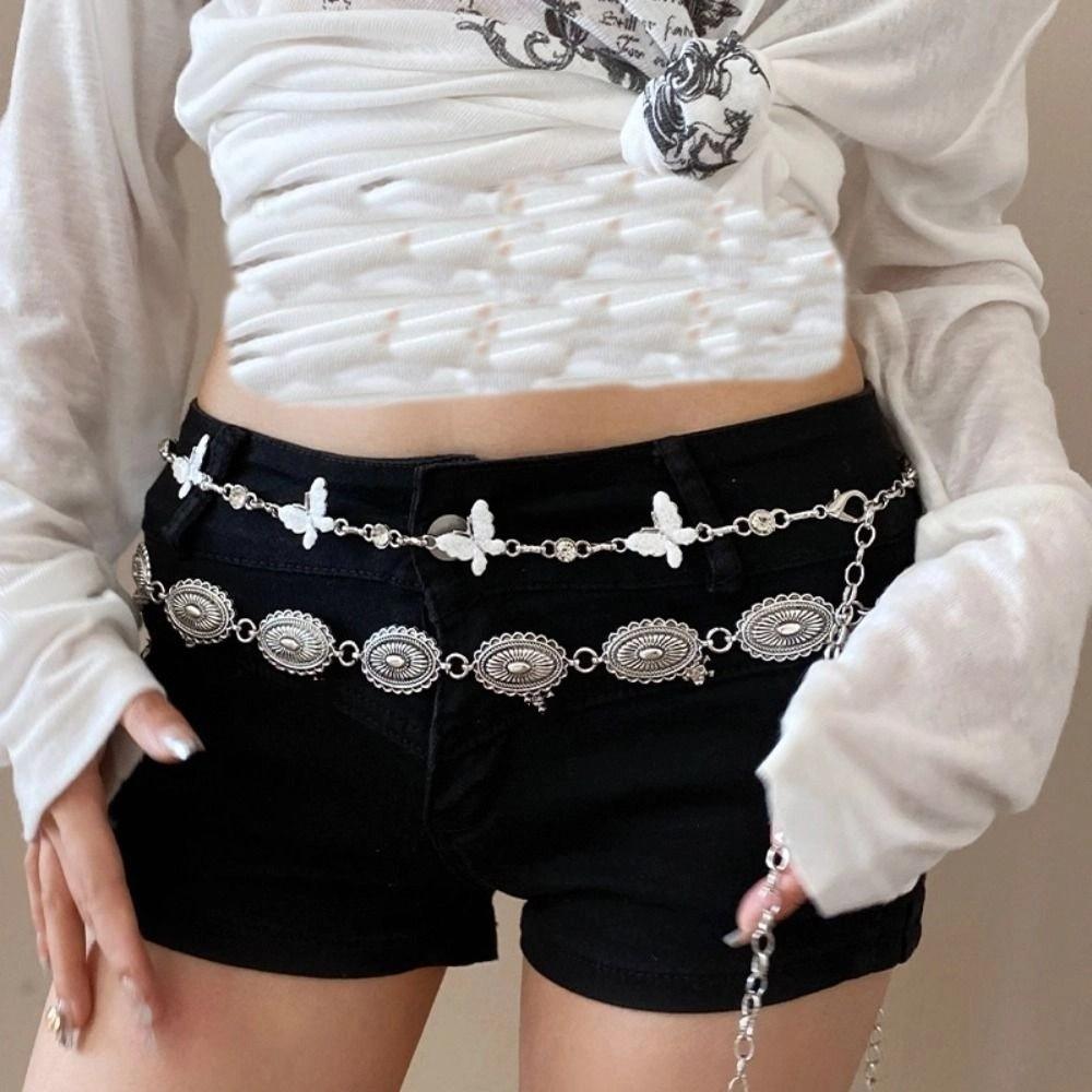 Belly Chain Metal Circular Ring Waist Chain Silver Ethnic Belt Chain  Shorts Decoration