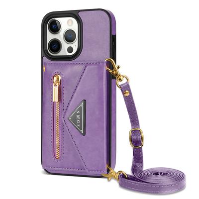 N.BEKUS Voor iPhone 16 Pro Max Lederen Rits Etui Kaarthouder Telefoonhoes met Schouderriem