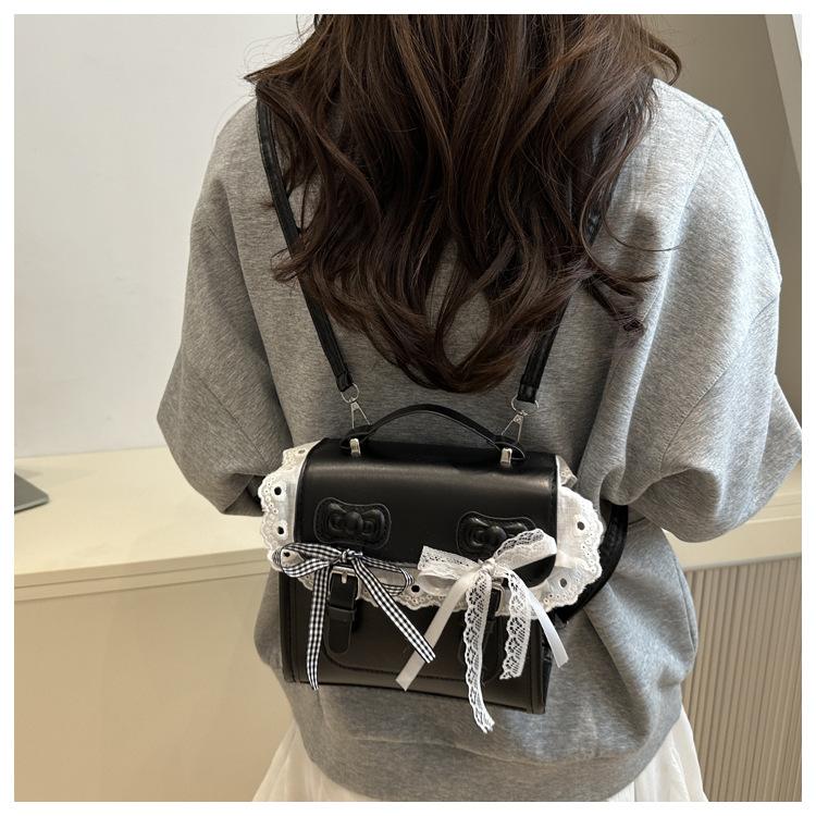 Faux Leather Flap Square Shoulder Bag for Women with Lace Bow Knot Trendy Casual Crossbody Purse