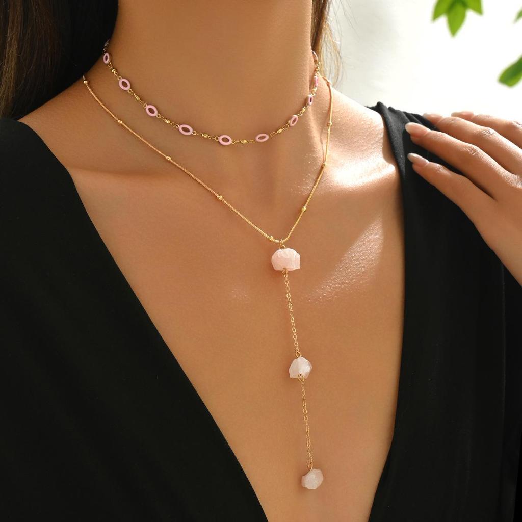 European/American Chic Multi-Layer Necklace Set: Natural Stone Beads & Alloy Clavicle Chains
