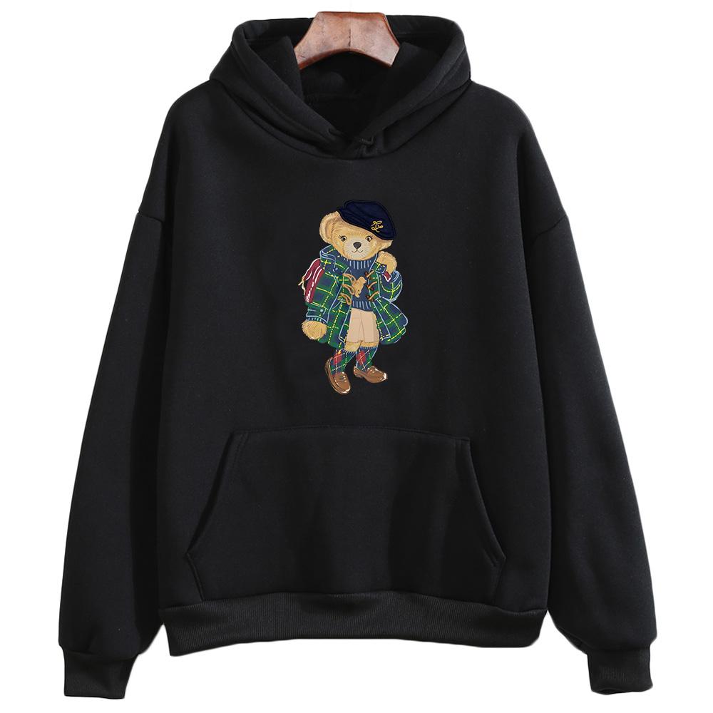 Cute Bear Printing Hoodies Women Trendy Sweatshirts Winter Fleece Clothing Comfortable Casual Long Sleeve Oversized Pullovers