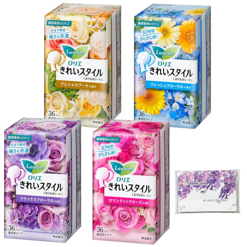 

Assorted Pack of 144 Sheets: Laurier Kirei Style Panty Liners in 4 Scents: Romantic Rose, Relaxing Floral, Fresh Floral, and Precious Bouquet. Each pa