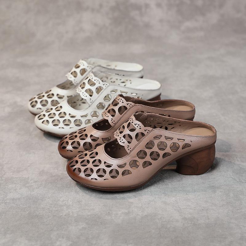 Baotou half slippers women's outer wear summer new leather middle heel soft sole hollow mother sandals women