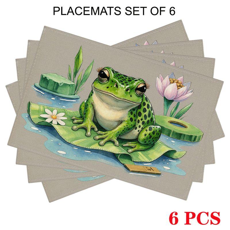4/6pcs Rectangular Placemats - 18X12 Inches, Lily Pad with Frogs And Lotus Cartoon 2D Element Pattern Design, Easy-Clean Table Mat, Durable Heat-Resis