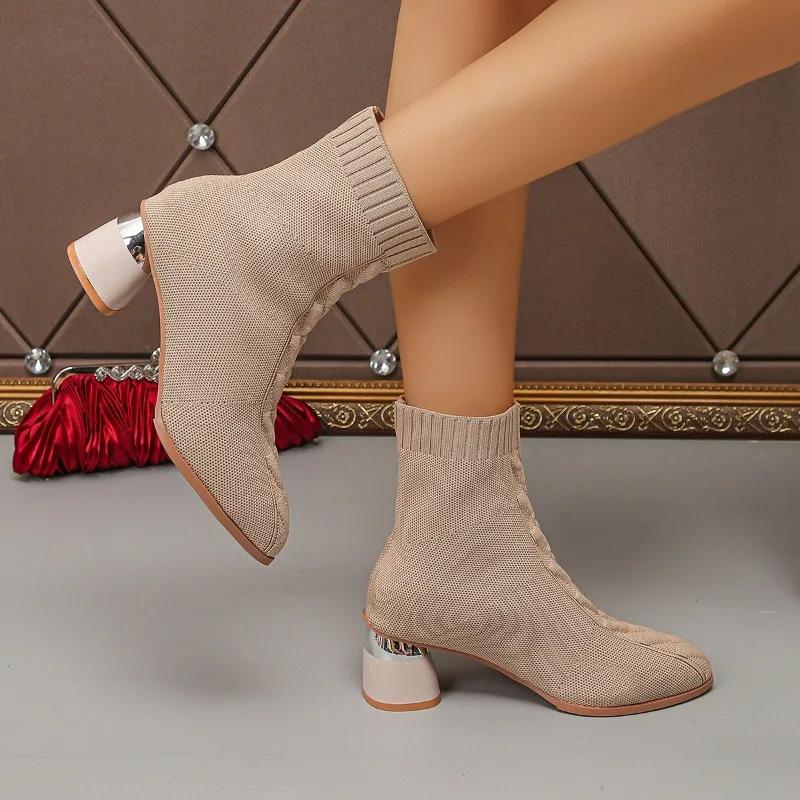 Fashion 2024 Plus Size Ladies Shoes Ankle Women's Boots Elegant Knitted Boots Women Pointed Toe Slip On Chunky Heels Shoes Women Zapatos