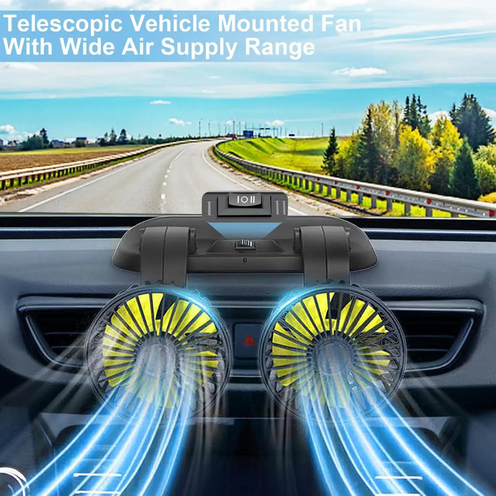 Electric Car Cooling Fan 360 Degree Rotatable Telescopic Dual Head with Cigarette Plug Low Noise Automobile Fan for Car Seda