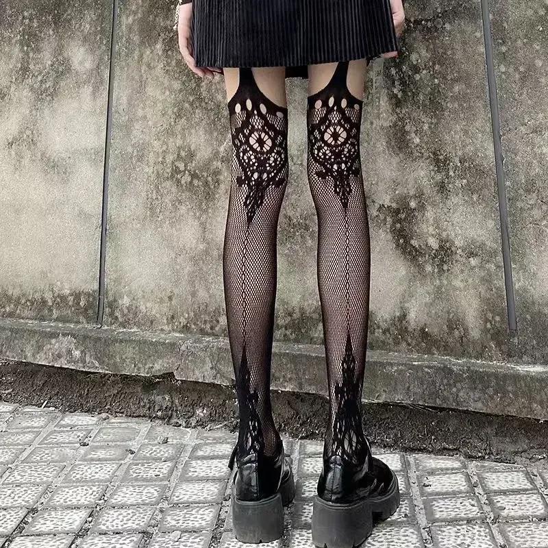 Women Classical Design Harajuku Emo Mesh Tights Lingerie Thigh High Garters Hosiery Gothic Dark Girl Long Sexy Fishnet Stockings