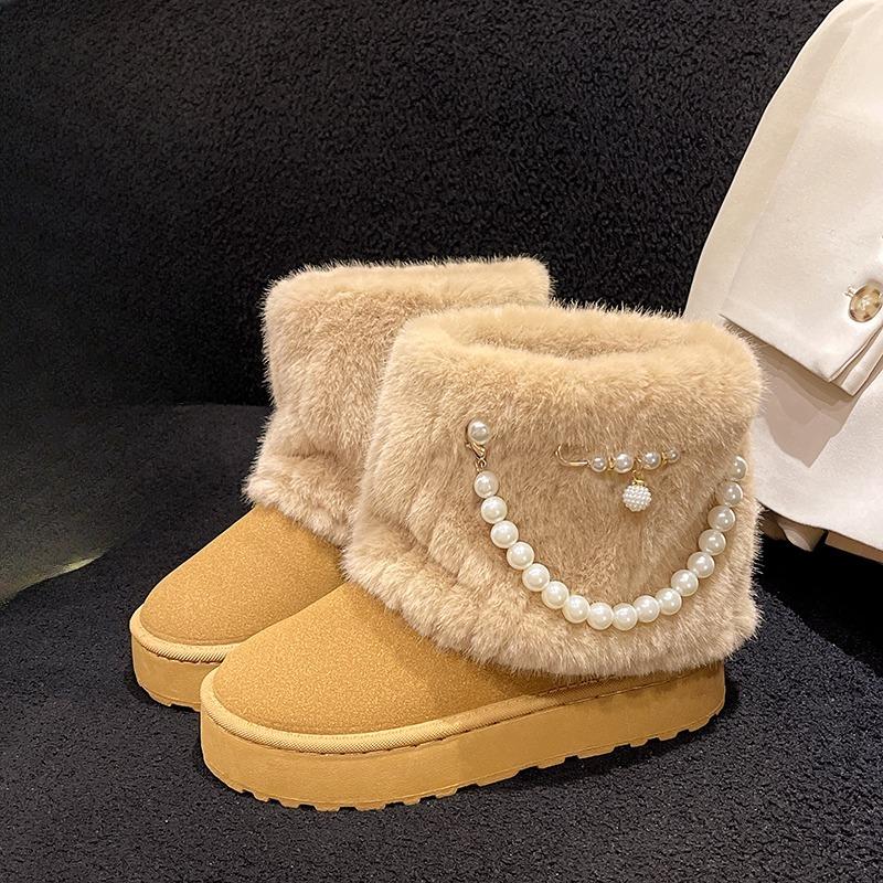 Fashion Platform Heightened Fleece Warm Snow Boots for Women Winter New Round Toe Fuzzy Booties Thickened Beaded Cotton Shoes