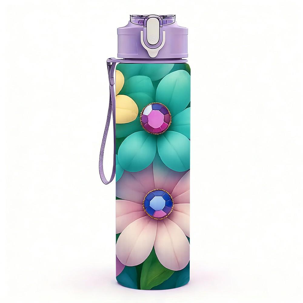 1PC Multicolor Lotus Flower Group Print 750ml Color Plastic Sports Water Bottle Leakproof Flip Straw Lid Suitable for Sports Office Home Use