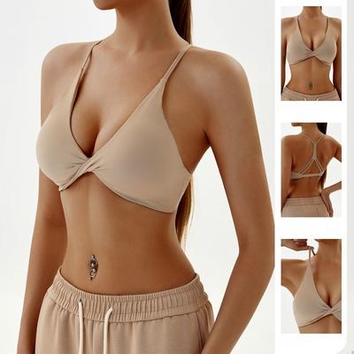 European and American Fitness Sports Bra with Open Back Breathable Solid Color Sexy Knotted Thin Straps and Beautiful Back