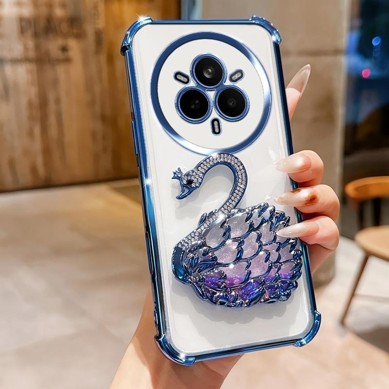 KEYSION Shockproof Plating Phone Case for Realme 14 Pro 5G Clear TPU Glitter Jewelled Swan Kickstand Back Cover for OPPO Realme 14 Pro+ 5G