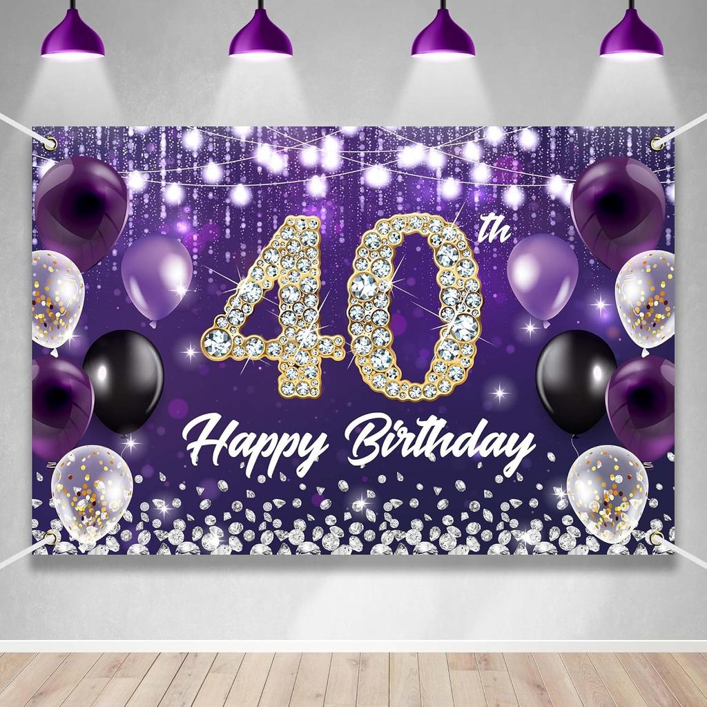 Happy 60th Birthday Backdrop Banner Purple Theme Background with Shiny Diamond Noble Elegant Birthday Party Photo Photography Prop Booth Background