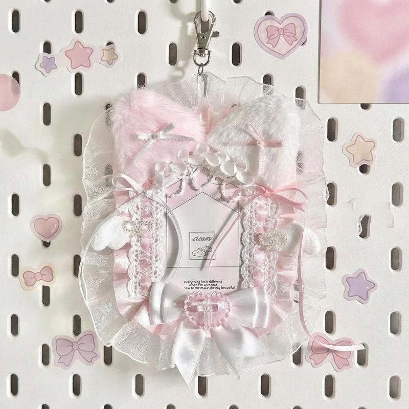 Lolita Style Plush Lace Photocard Holder Sweet Cute Idol Photo Protector Case Bowknot Pendant Bag Charm