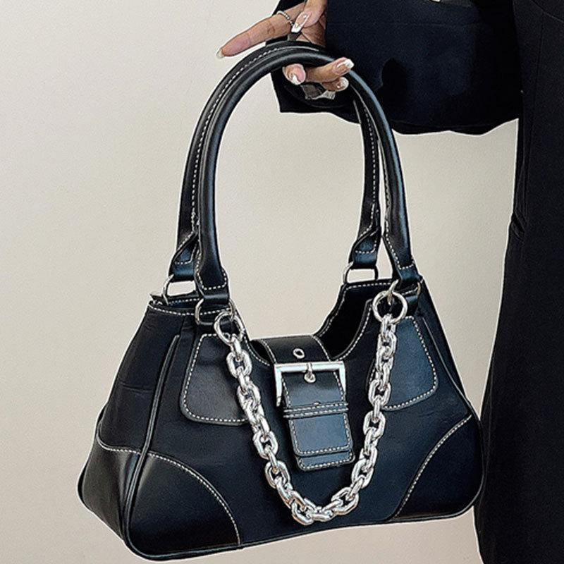 Preppy Stil Havalı Kız Metal Zincirli Punk Motosiklet Çapraz Askılı Çanta Omuz Postacı Çantası Ekleme Kumaş Vintage Kanvas PU Çanta