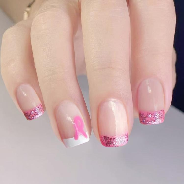 

24Pcs French Style Press On Nail Care for Women s Health Pink Ribbon Patterns No Adhesive Needed ABS 1