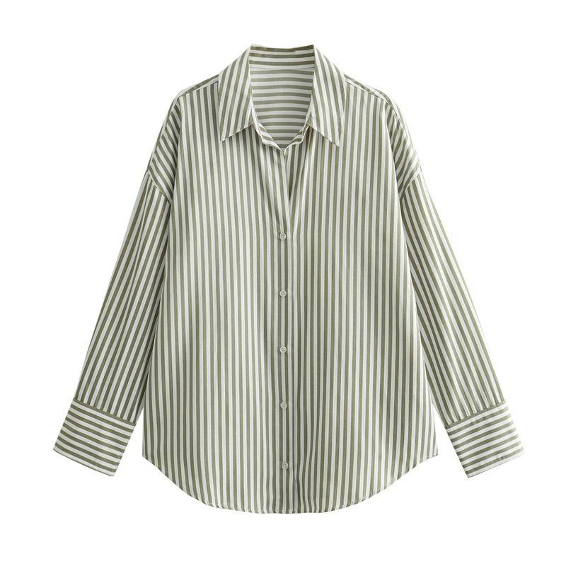 Women S Loose Fit Long Sleeve Collared Striped Casual Shirt