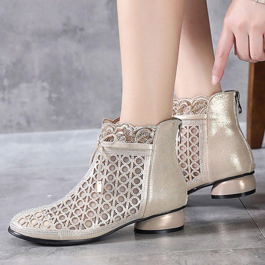 

Women Leather Mesh Boots Rhinestone Summer Shoes Pointed Toe Ankle Botas Thick Heel Hollow Out Back Zip 43