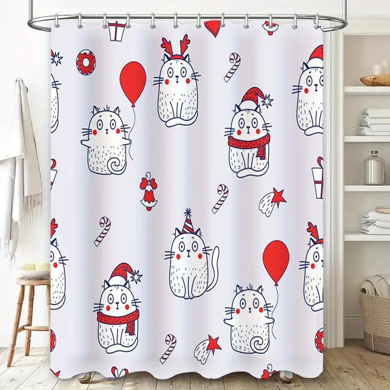 Christmas-themed shower curtain featuring cartoon cats with candy canes and balloons perfect for bathroom decor during holiday s