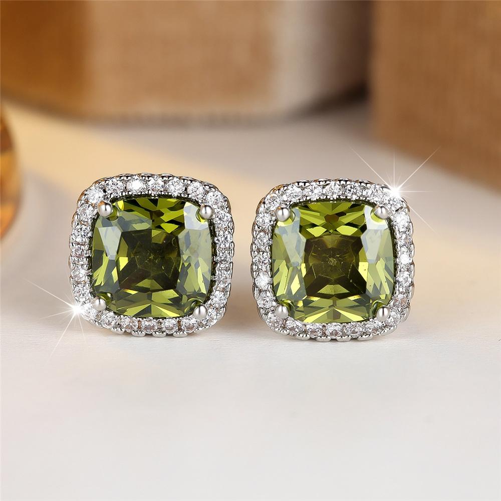 Urocze Damskie Kolczyki Sztyfty z Oliwkowozielonym Kamieniem Cyrkoniowym Vintage Srebrny Kolor Prezent na Wesele Imprezę Dla Kobiet