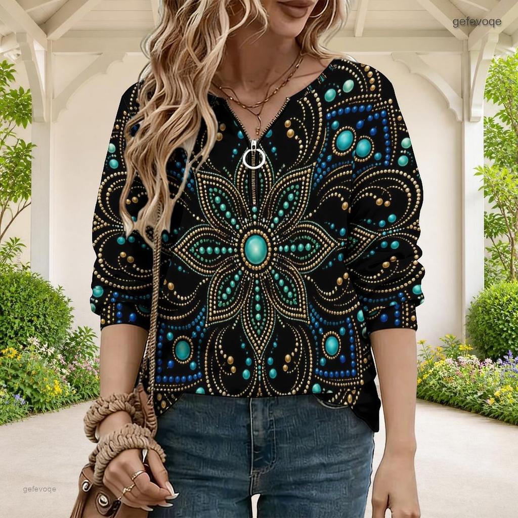 Women Plus Size V Neck Half Zip Multicolor Printed Long Sleeve Sweatshirt