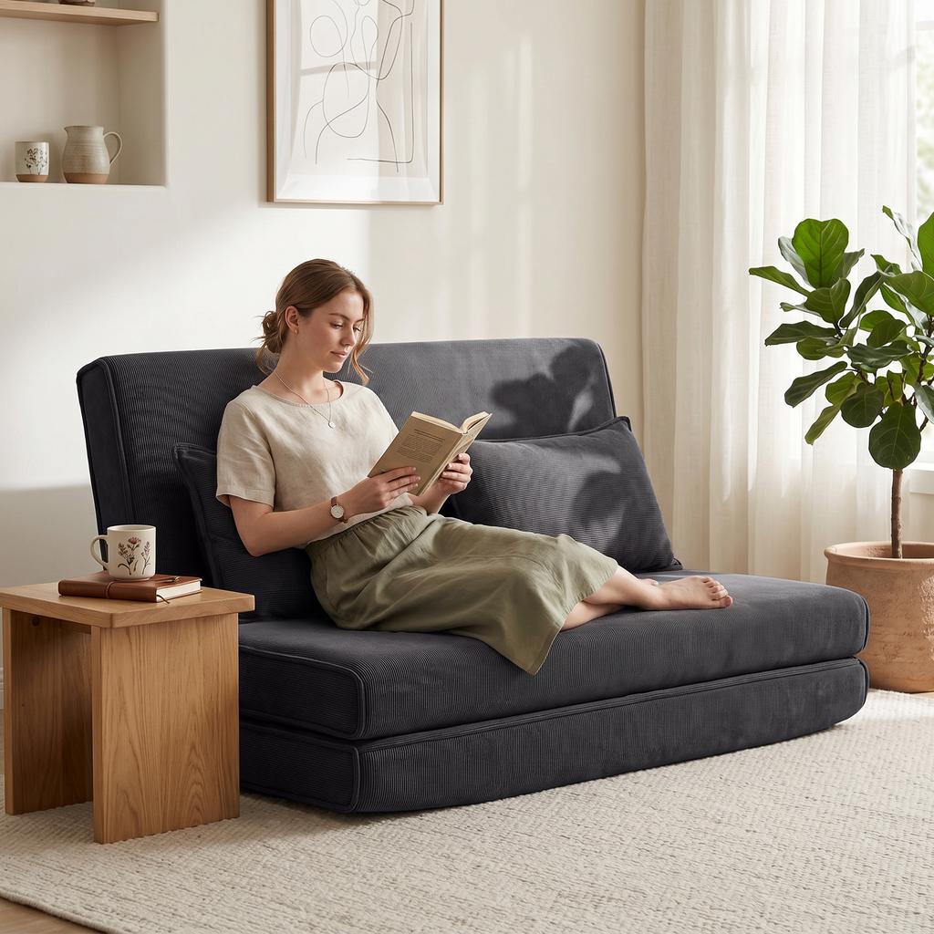 Floor Chair with Backrest, Corduroy Folding Sofa as Guest Bed, Adjustable Backrest, Wide Seat, Dark Grey