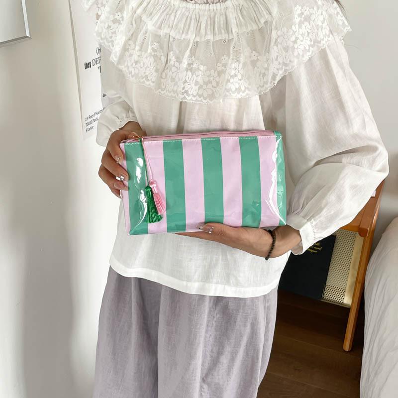 Striped Pvc Makeup Bag Waterproof Washable Zipper Cosmetic Pouch With Tassel Portable Travel Storage Hand Bag For Women Gift