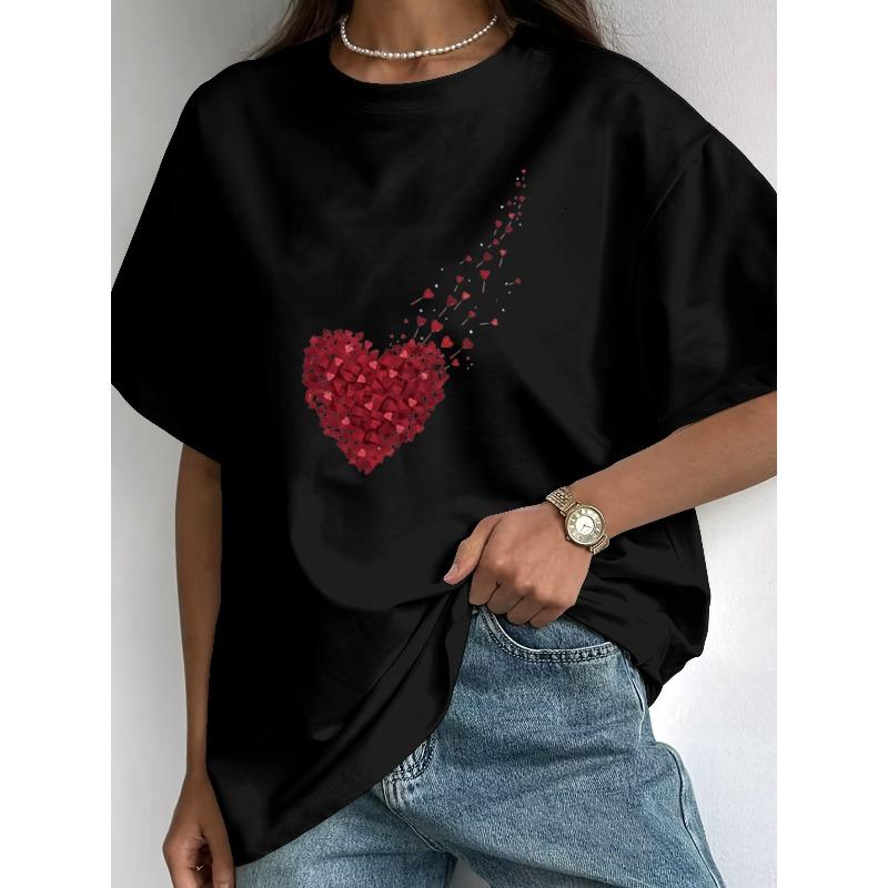 

European Size Women s Short Sleeve T-shirt, Five Colors. Red Broken Heart Graphic Tee Summer New Romantic Hearts Print Top 4XL чорний