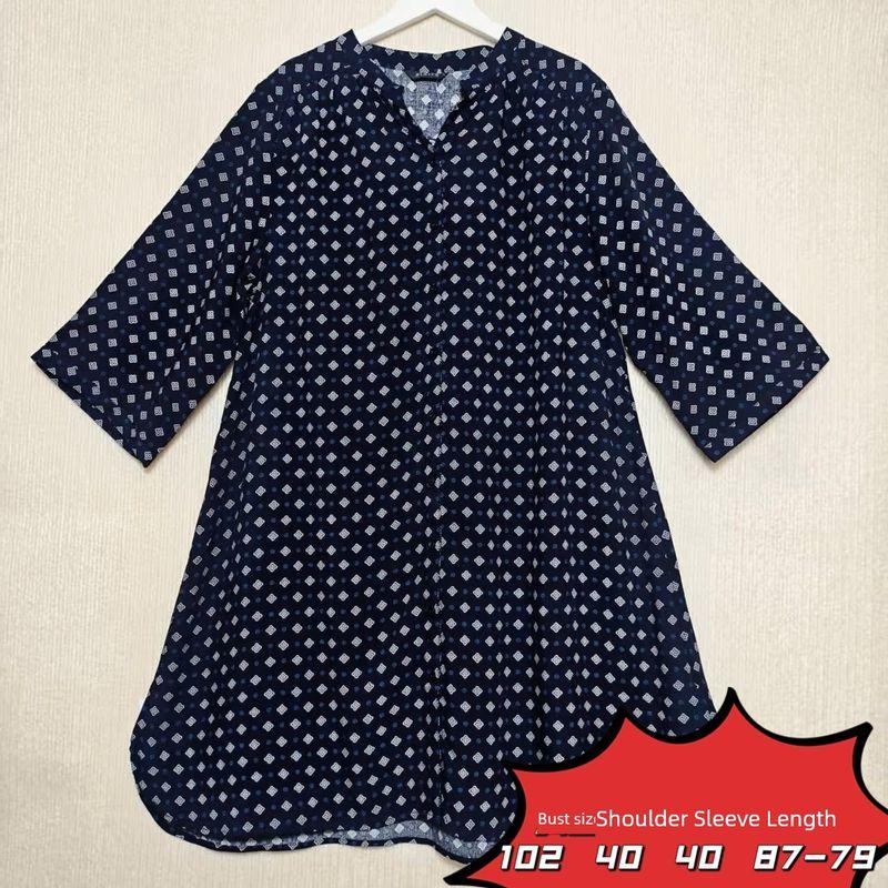 Export Japanese Single Tail Goods Rayon Print Happy Mid Length Long Length Shirt Women's Organ Pleated Loose Casual Customer Supply Fabric Summer