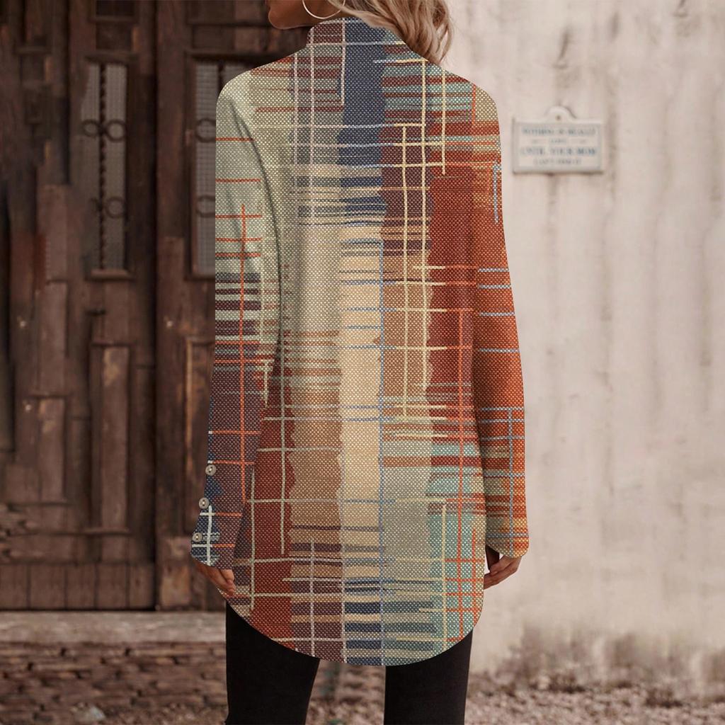 Women's Casual Fashion High Neck Button-Down Retro Print Long Sleeve Top