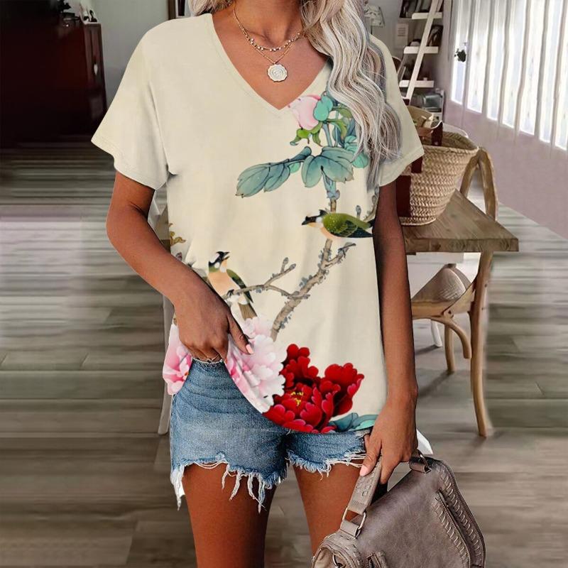 Blumen Damen V-Ausschnitt T-Shirt 3D-gedruckt Retro-Mode Casual bedruckte kurzärmlige Kleidung