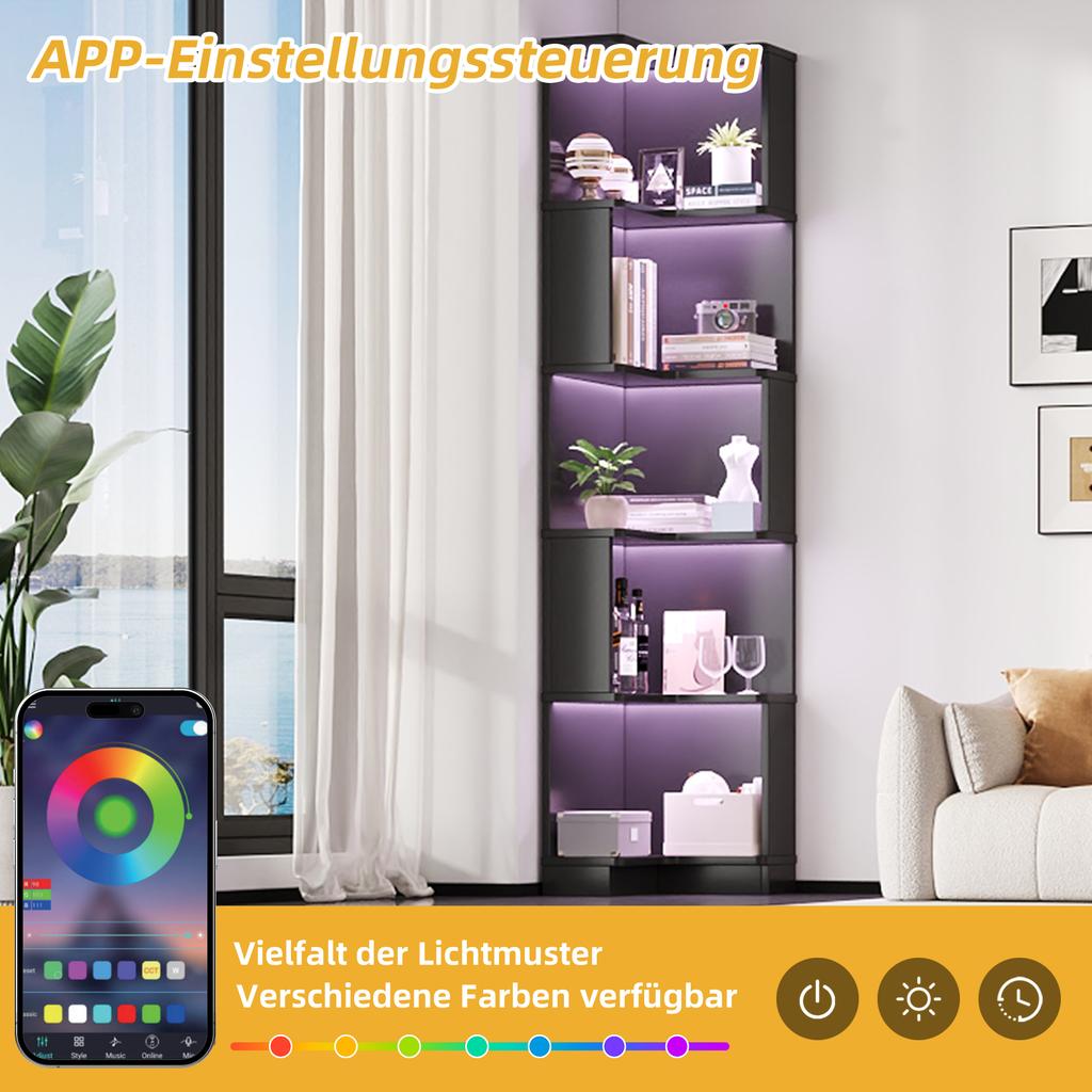 63.5 x 45 x 175cm Corner Bookshelf, Multifunctional, L-Shaped, LED Color-Changing Light Strip, App Control, Five-Tier Storage, Black