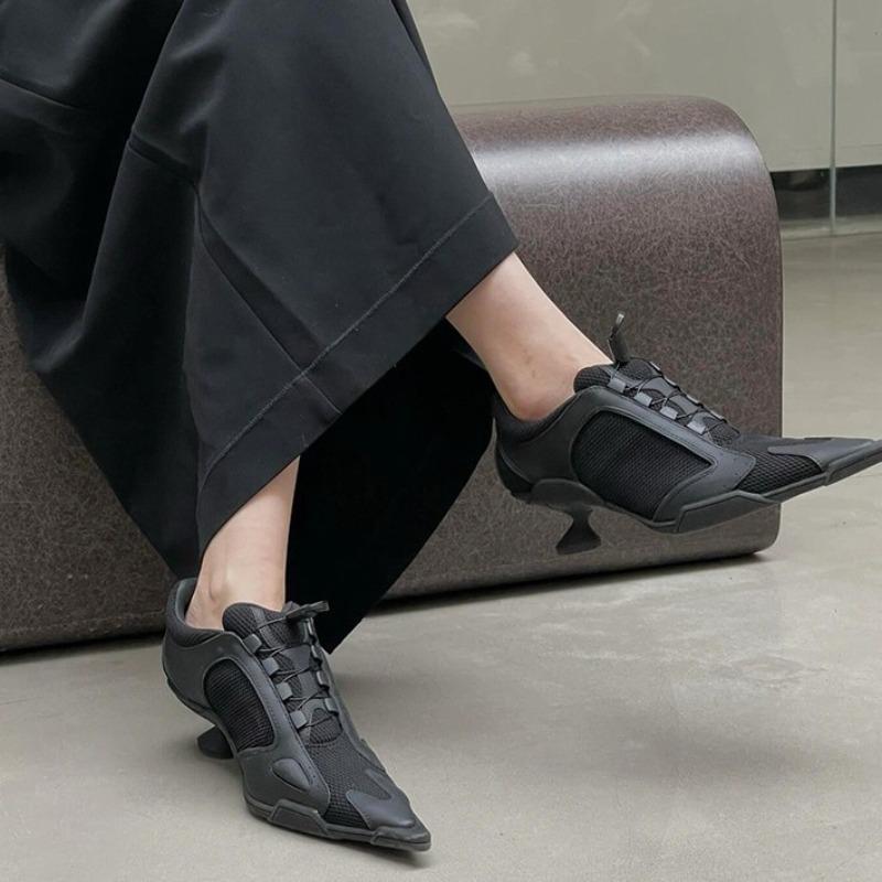 Fashion 2025 Spring Black Pointed-toe Sporty High Sneaker Heels Women's Mesh Boxing Casual Shoes Brand Design Fashion Sexy Shoes