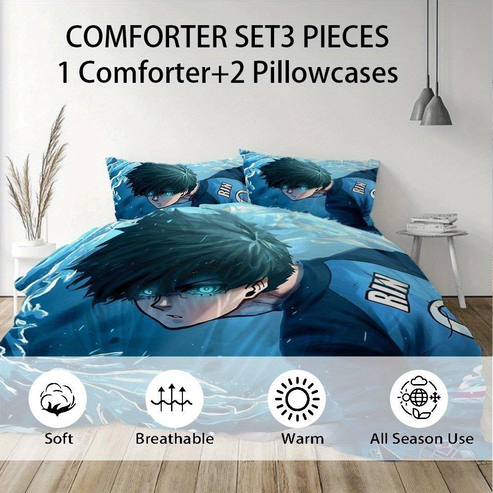 Blue Lock Bettwäsche Set Rin Itoshi Rosenmuster Gemütlich Weich Bettbezug Set King Queen Twin Einzelbett Größen Geburtstag Geschenk für Fan Schlafzimmer Dekoration