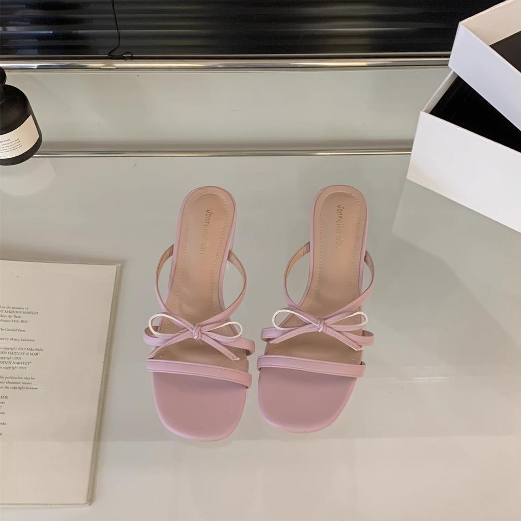 French Fairy Style Gentle Evening Shoes Bow Word with Open Toe Cool Slippers Female Summer Wear Crystal Heel Sandals