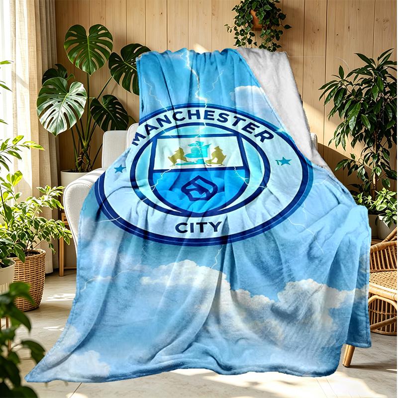 Manchester City FC Pattern Blanket for Home Decoration, Bed, Sofa, Car Travel, Camping, Suitable for All Seasons, Birthday Christmas Gift