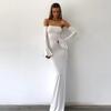 Women's Off Shoulder Flare Long Sleeve Mermaid Maxi Dress Solid Color Bodycon Evening Party Gown