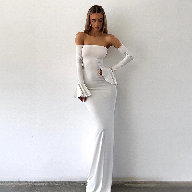 Women's Off Shoulder Flare Long Sleeve Mermaid Maxi Dress Solid Color Bodycon Evening Party Gown