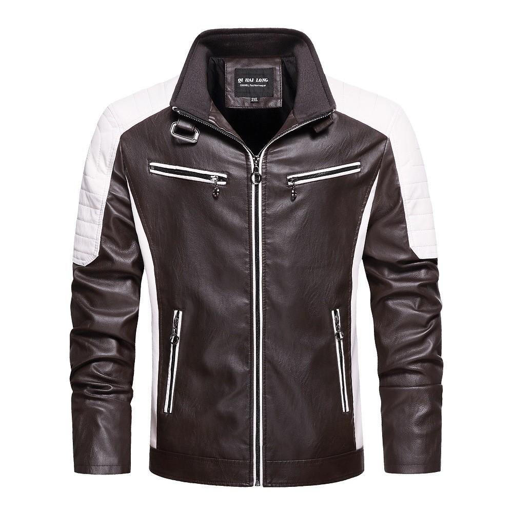 Men's Short Color-blocking Leather Jacket Motorcycle Stand Collar Youth Leather Jacket